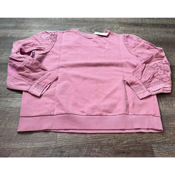 Anthropologie Womens Pullover Sweatshirt Medium Rose Pink Puff Eyelet Sleeve M5 - Picture 2 of 8